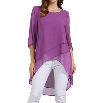 Women's High Low Tops Scoop Neck Chiffon Blouse Asymmetrical Loose Shirt 3/4 Sleeve Casual Tops