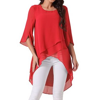 Women's High Low Tops Scoop Neck Chiffon Blouse Asymmetrical Loose Shirt 3/4 Sleeve Casual Tops