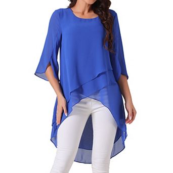 Women's High Low Tops Scoop Neck Chiffon Blouse Asymmetrical Loose Shirt 3/4 Sleeve Casual Tops