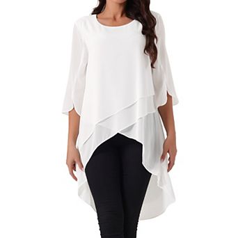 Women's High Low Tops Scoop Neck Chiffon Blouse Asymmetrical Loose Shirt 3/4 Sleeve Casual Tops