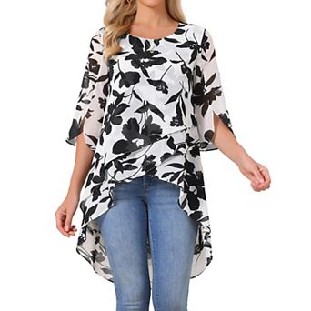 Women's High Low Tops Scoop Neck Chiffon Blouse Asymmetrical Loose Shirt 3/4 Sleeve Casual Tops