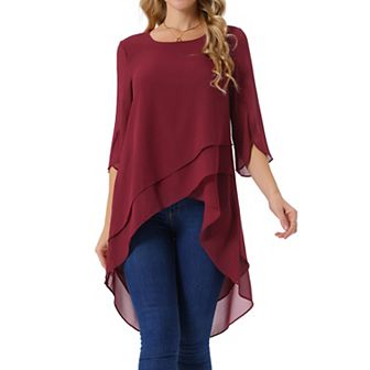 Women's High Low Tops Scoop Neck Chiffon Blouse Asymmetrical Loose Shirt 3/4 Sleeve Casual Tops
