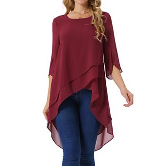 Women's High Low Tops Scoop Neck Chiffon Blouse Asymmetrical Loose Shirt 3/4 Sleeve Casual Tops