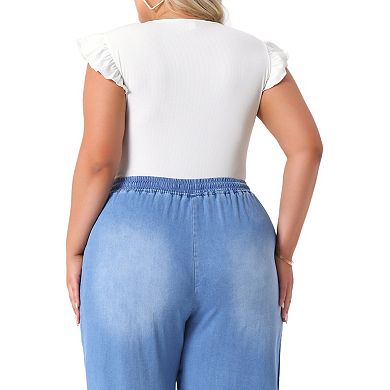 Plus Size Women's Crew Neck Ruffle Sleeveless Tops Slim Fit Casual Basic Stretchy Bodysuit Jumpsuit