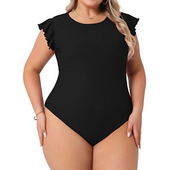 Plus Size Women's Crew Neck Ruffle Sleeveless Tops Slim Fit Casual Basic Stretchy Bodysuit Jumpsuit