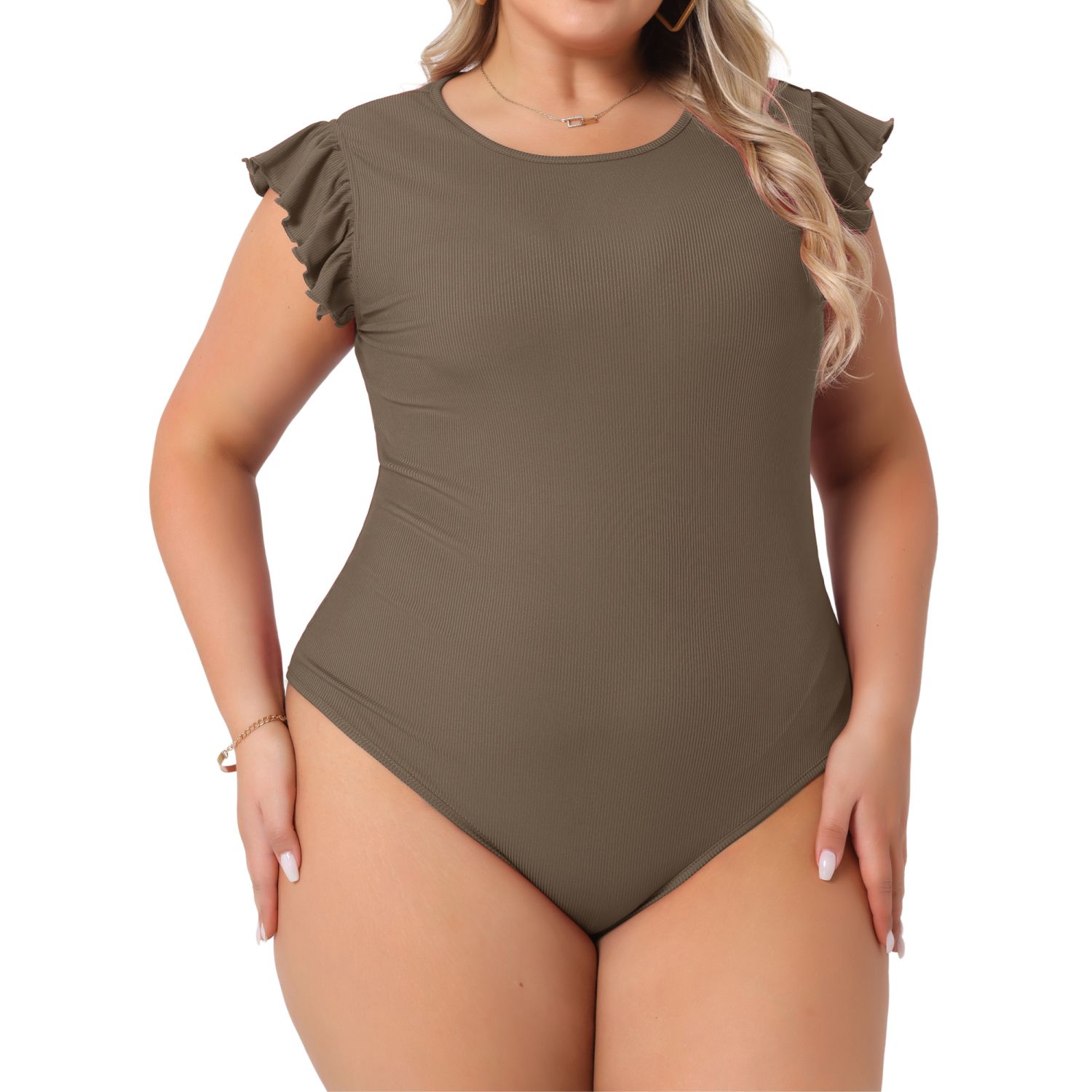 Женские комбинезоны Plus Size Crew Neck Ruffle Sleeveless Tops Slim Fit Casual Basic Stretchy Bodysuit Jumpsuit