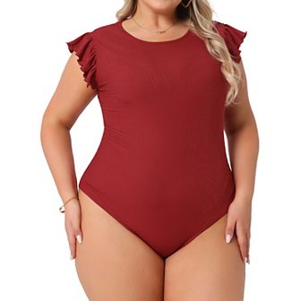 Plus Size Women's Crew Neck Ruffle Sleeveless Tops Slim Fit Casual Basic Stretchy Bodysuit Jumpsuit