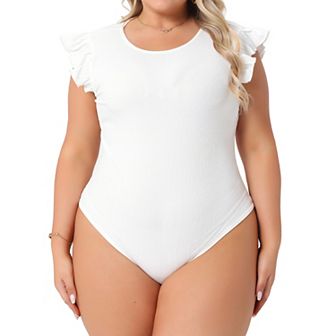 Plus Size Women's Crew Neck Ruffle Sleeveless Tops Slim Fit Casual Basic Stretchy Bodysuit Jumpsuit