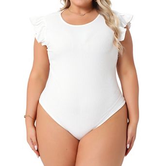 Plus Size Women's Crew Neck Ruffle Sleeveless Tops Slim Fit Casual Basic Stretchy Bodysuit Jumpsuit