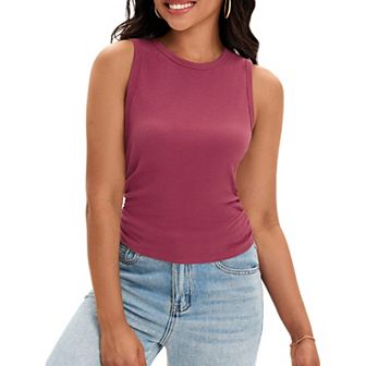 Women's Ruched Tank Tops Summer Ribbed Crew Neck Sleeveless Tops Fitted Basic Tees Shirts
