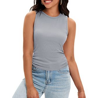 Women's Ruched Tank Tops Summer Ribbed Crew Neck Sleeveless Tops Fitted Basic Tees Shirts