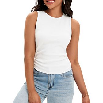 Women's Ruched Tank Tops Summer Ribbed Crew Neck Sleeveless Tops Fitted Basic Tees Shirts