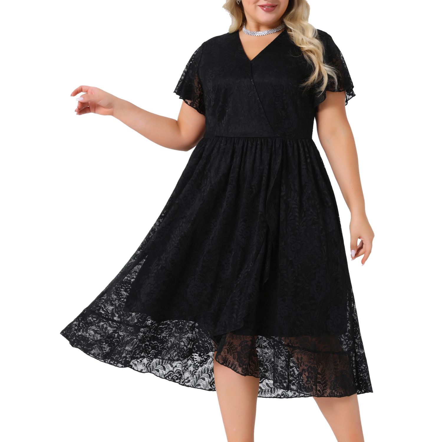 Women's Plus Size Lace Cocktail Dresses Faux Wrap V Neck Short Sleeve Flowy  A Line Midi