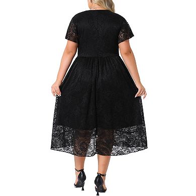 Women's Plus Size Lace Cocktail Dresses Faux Wrap V Neck Short Sleeve Flowy A Line Midi Dress