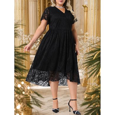 Women's Plus Size Lace Cocktail Dresses Faux Wrap V Neck Short Sleeve Flowy A Line Midi Dress