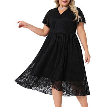 Women's Plus Size Lace Cocktail Dresses Faux Wrap V Neck Short Sleeve Flowy A Line Midi Dress