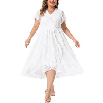 Women's Plus Size Lace Cocktail Dresses Faux Wrap V Neck Short Sleeve Flowy A Line Midi Dress