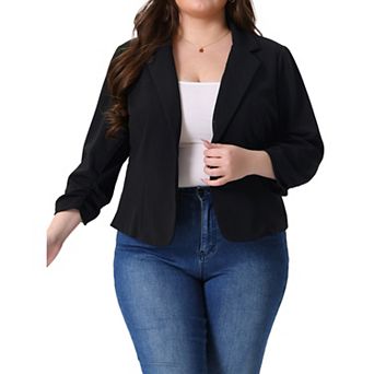 Plus Size Casual Blazers for Women 3/4 Ruched Sleeve Notch Lapel Work Office Crop Suit Blazer