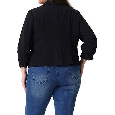 Plus Size Casual Blazers for Women 3/4 Ruched Sleeve Notch Lapel Work Office Crop Suit Blazer