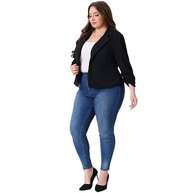 Plus Size Casual Blazers for Women 3/4 Ruched Sleeve Notch Lapel Work Office Crop Suit Blazer