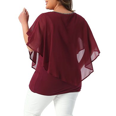 Plus Size Tops for Women Keyhole Neck Double-Layered Lightweight Flowy Shirt Chiffon Overlay Blouse