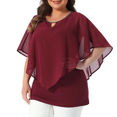 Plus Size Tops for Women Keyhole Neck Double-Layered Lightweight Flowy Shirt Chiffon Overlay Blouse