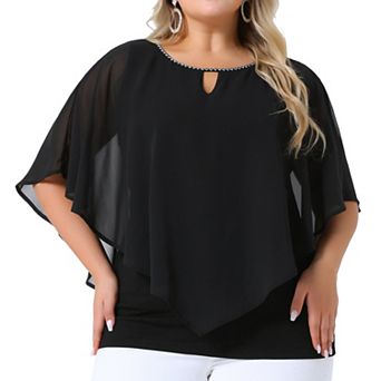 Plus Size Tops for Women Keyhole Neck Double-Layered Lightweight Flowy Shirt Chiffon Overlay Blouse