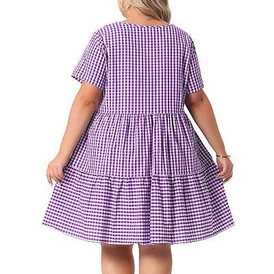 Plus Size Gingham Dresses Vintage Plaid Round Neck Short Sleeve Tiered Midi  Summer Dress