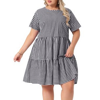 Plus Size Gingham Dresses Vintage Plaid Round Neck Short Sleeve Tiered Midi Summer Dress