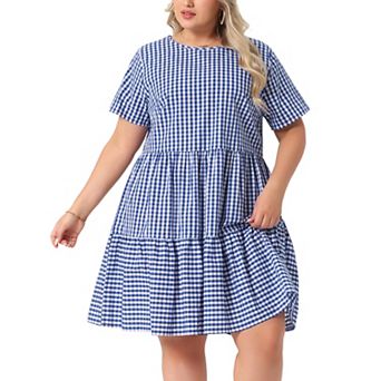 Plus Size Gingham Dresses Vintage Plaid Round Neck Short Sleeve Tiered Midi Summer Dress