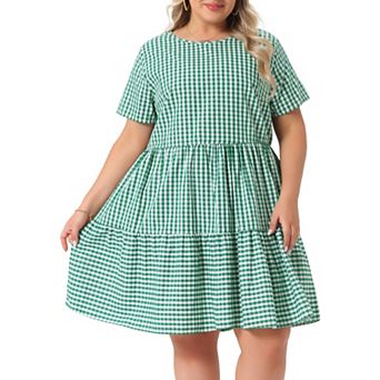 Plus Size Gingham Dresses Vintage Plaid Round Neck Short Sleeve Tiered Midi Summer Dress