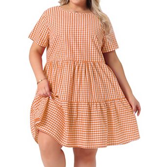 Plus Size Gingham Dresses Vintage Plaid Round Neck Short Sleeve Tiered Midi Summer Dress