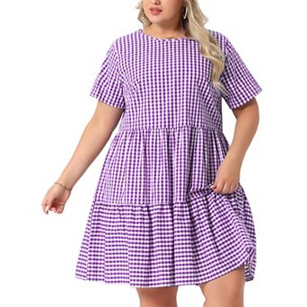 Plus Size Gingham Dresses Vintage Plaid Round Neck Short Sleeve Tiered Midi Summer Dress