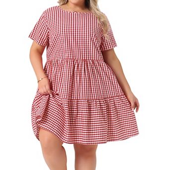 Plus Size Gingham Dresses Vintage Plaid Round Neck Short Sleeve Tiered Midi Summer Dress