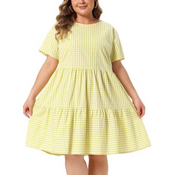Plus Size Gingham Dresses Vintage Plaid Round Neck Short Sleeve Tiered Midi Summer Dress