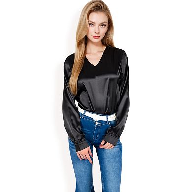 Women's Satin Long Sleeve V-Neck Blouse with Cuffed Sleeves