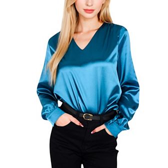 Women's Satin Long Sleeve V-Neck Blouse with Cuffed Sleeves