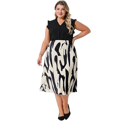 Plus Size Skirts for Women Trendy Summer Print Pleated High Waist Business Casual A-Line Midi Skirt