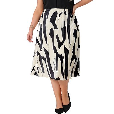 Plus Size Skirts for Women Trendy Summer Print Pleated High Waist Business Casual A-Line Midi Skirt