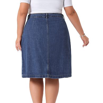 Plus Size Denim Skirt for Women Button Front High Waist A Line Midi Jean Skirt