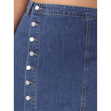 Plus Size Denim Skirt for Women Button Front High Waist A Line Midi Jean Skirt