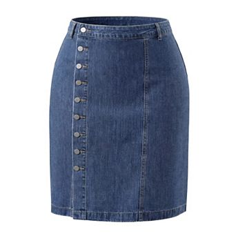 Plus Size Denim Skirt for Women Button Front High Waist A Line Midi Jean Skirt
