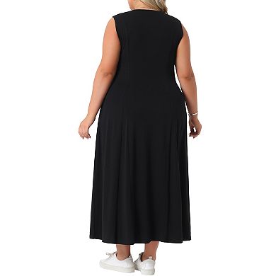 Plus Size Summer Sleeveless Dresses for Women Button Maxi A Line Tank Dress with Pockets Casual