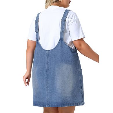 Plus Size Denim Overall Dress for Women Sleeveless V Neck Denim Jumper Dress Pinafore