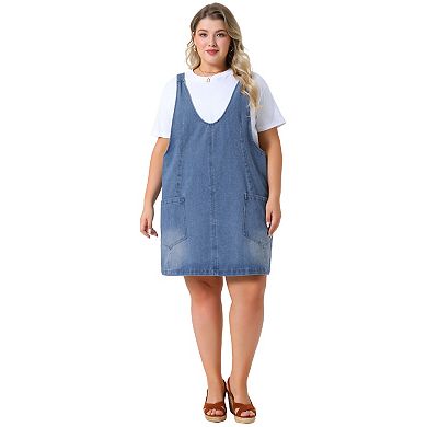 Plus Size Denim Overall Dress for Women Sleeveless V Neck Denim Jumper Dress Pinafore