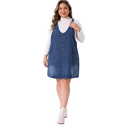 Plus Size Denim Overall Dress for Women Sleeveless V Neck