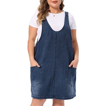 Plus Size Denim Overall Dress for Women Sleeveless V Neck Denim Jumper Dress Pinafore