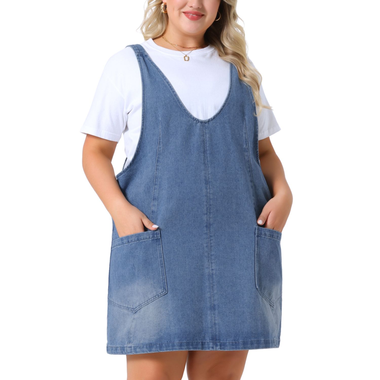 Plus Size Denim Overall Dress for Women Sleeveless V Neck Denim Jumper Dress  Pinafore