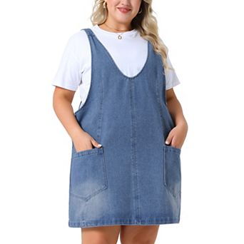 Plus Size Denim Overall Dress for Women Sleeveless V Neck Denim Jumper Dress Pinafore