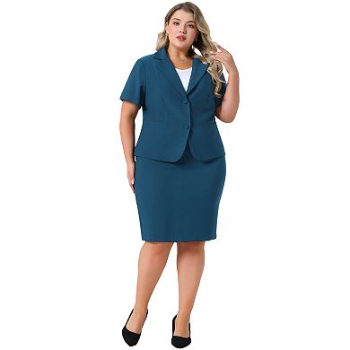 Plus Size Women Blazer Suits Notch Lapel Short Sleeve Office Pencil Skirt Business Skirt Set